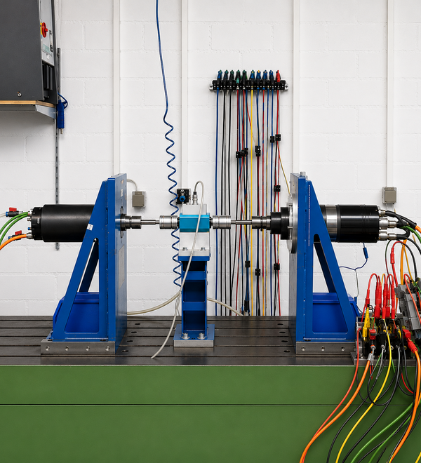 Prüfaufbau zur Inbetriebnahme eines Synchronmotors für einen Hauptspindelantrieb mit mechanischer Kopplung und angeschlossener Messtechnik
