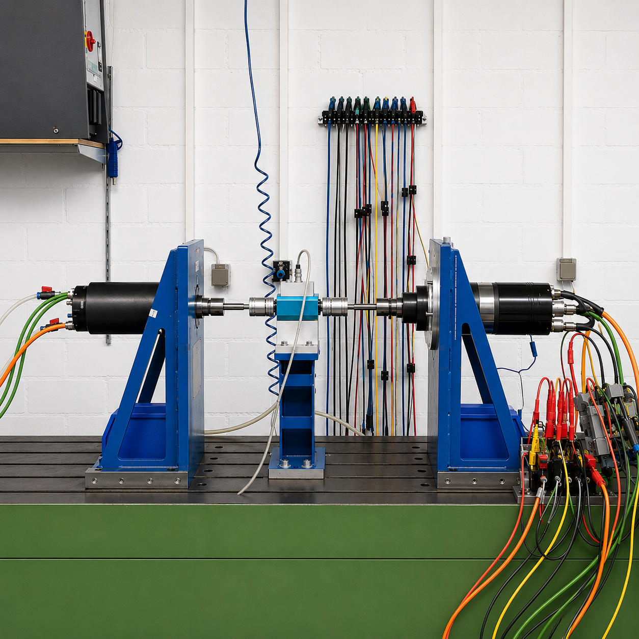 Prüfaufbau zur Inbetriebnahme eines Synchronmotors für einen Hauptspindelantrieb mit mechanischer Kopplung und angeschlossener Messtechnik